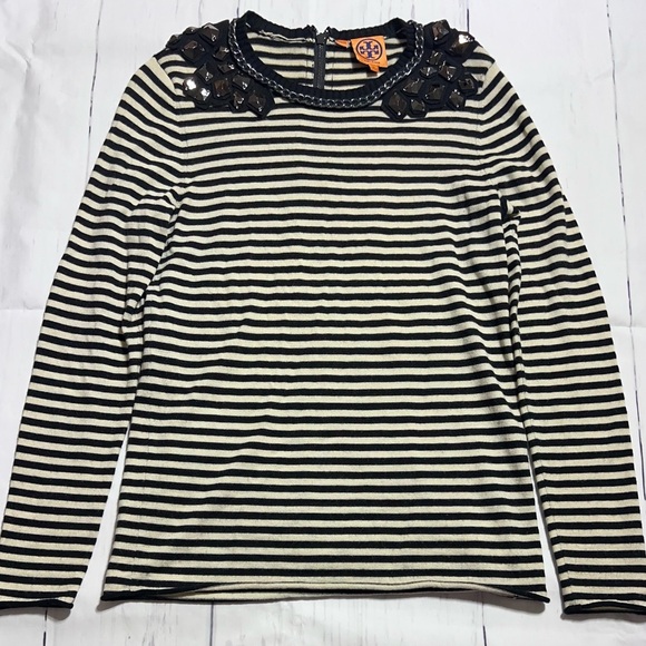Tory Burch Tops - Tory Burch Black and Cream Striped Blouse with Embellishments